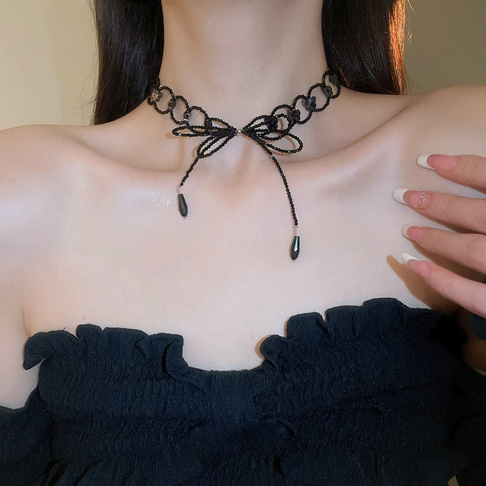 New Chinese Bow Glass Bead Interlocking Choker Necklace For Women Sweet Cool Clavicle Jewelry