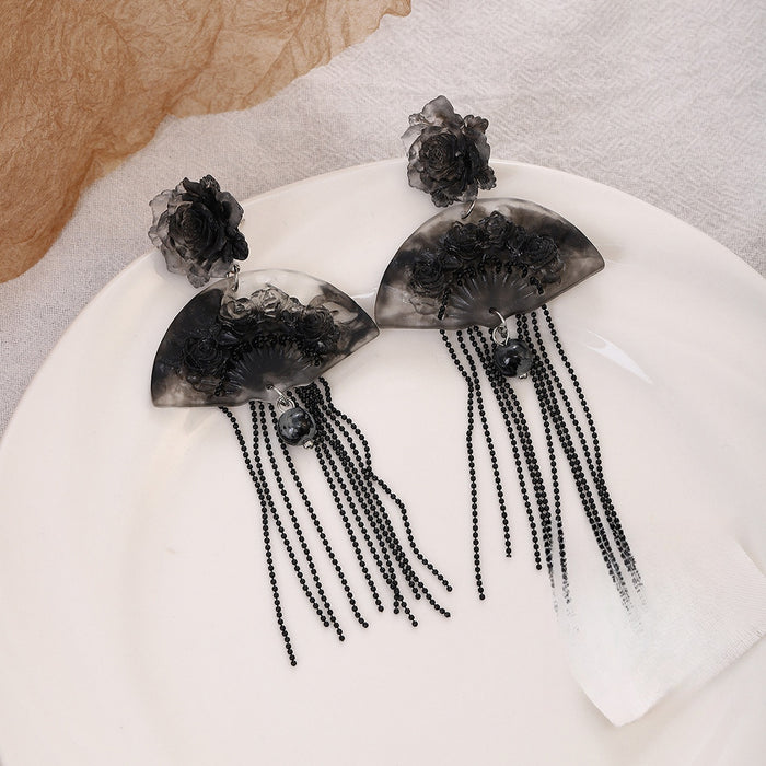 Elegant New Chinese Ink Wash Acrylic Flower Fan Long Beaded Tassel Qipao Statement Earrings