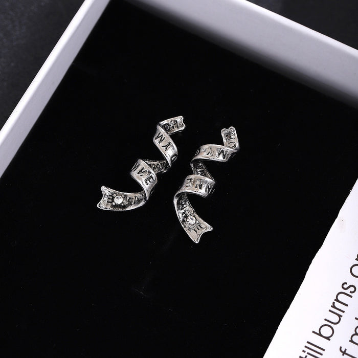 Vintage Rhinestone Letter Spiral Ribbon Studs For Women Luxury Alloy Silver Needle Fashion Earrings