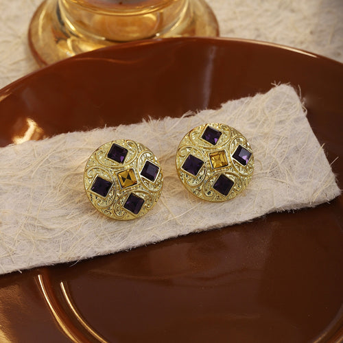 Vintage Luxury Gold Round Stud Earrings With Square Purple Zircon Inlay And Elegant French Style Earrings