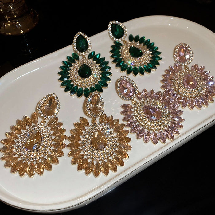 Alloy Teardrop Flower Stud Earrings With Sparkling Rhinestones, Vintage Statement Style