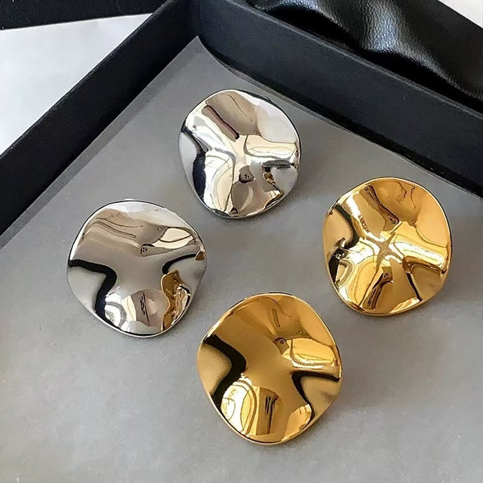 Gold Plated Metal Irregular Circle Stud Earrings With Silver Posts, Bold Geometric Fashion Style