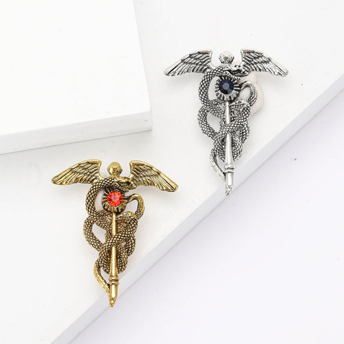 Alloy Enamel Angel Wing Snake Staff Brooch Pin For Men Apparel