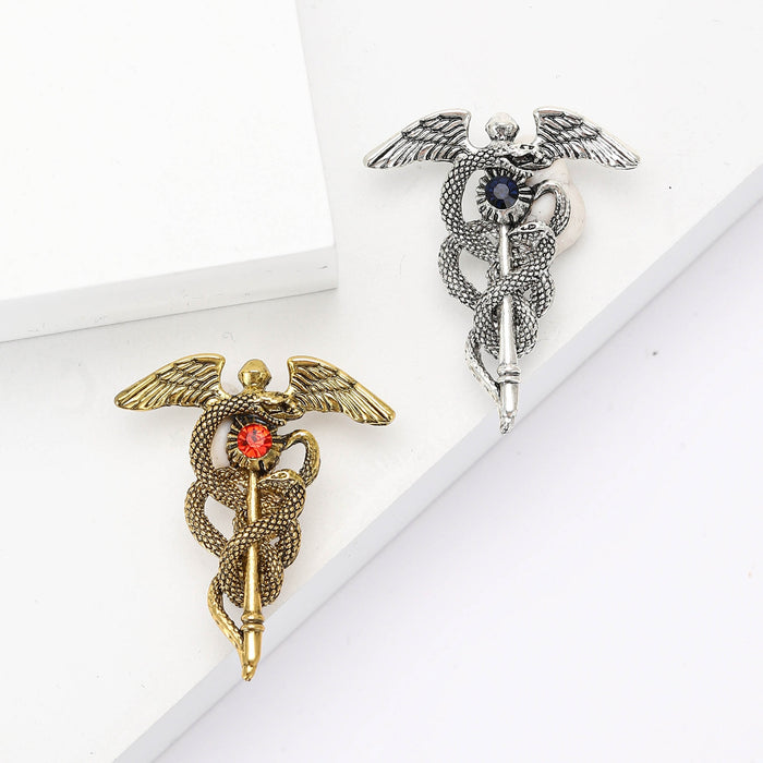 Alloy Enamel Angel Wing Snake Staff Brooch Pin For Men Apparel