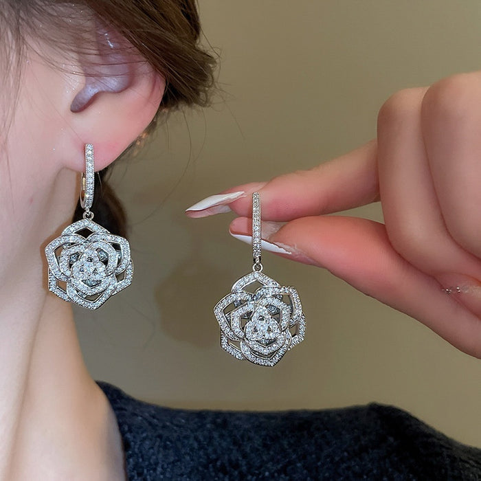 Silver Zircon Flower Copper Ear Cuff Earrings, Fresh Forest Style Luxury Sparkle Jewelry