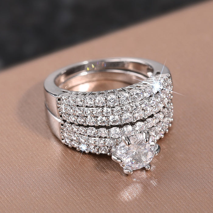 Light Luxury Zircon Inlaid Couple Ring Set For Women, 2 Piece Engagement Wedding Jewelry