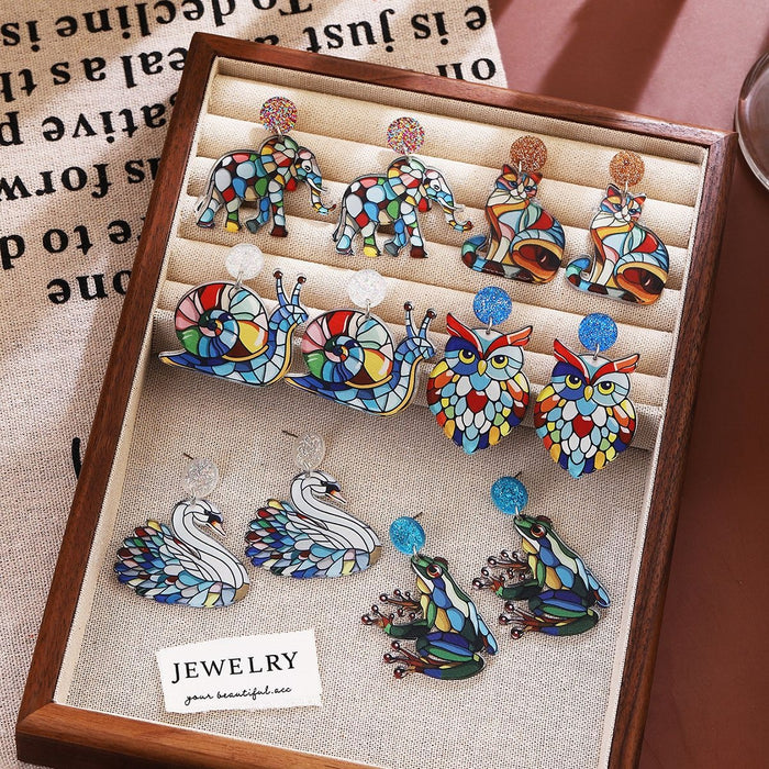 Creative Colorful Enamel Swan Cat Animal Drop Earrings For Women Elegant Rhinestone Acrylic Statement Earrings