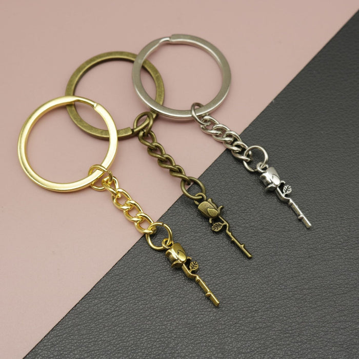 Metal Rose Flower Keychain Bag Charm Gift Key Ring