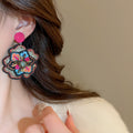 Vintage Ethnic Alloy Floral Stud Earrings With Rhinestone Embroidery And Striped Woven Design view 3