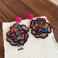 Vintage Ethnic Alloy Floral Stud Earrings With Rhinestone Embroidery And Striped Woven Design view 4