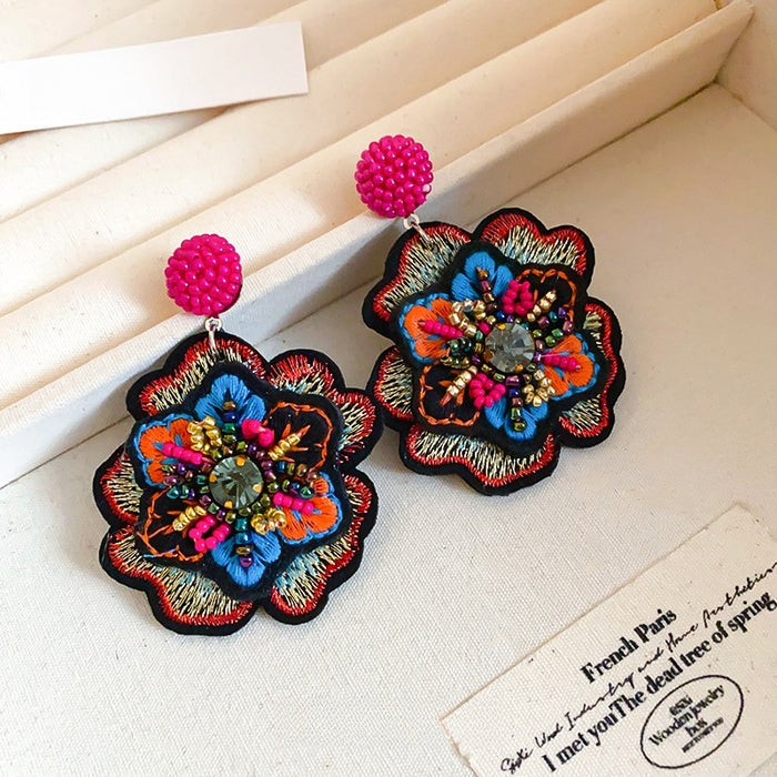 Vintage Ethnic Alloy Floral Stud Earrings With Rhinestone Embroidery And Striped Woven Design