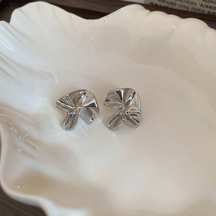 Copper Irregular Crumpled Flower Stud Earrings, Artistic Minimalist Geometric Floral Jewelry