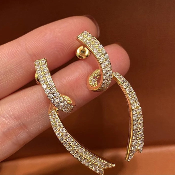 Gold Plated Geometric Line Ribbon Drop Earrings For Women, Trendy Light Luxury Fashion Jewelry