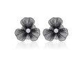 Elegant Hollow Black Flower Alloy Earrings With Rhinestone Center, Luxury Two-Way Floral Stud Earrings view 5