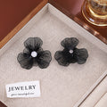 Elegant Hollow Black Flower Alloy Earrings With Rhinestone Center, Luxury Two-Way Floral Stud Earrings view 3