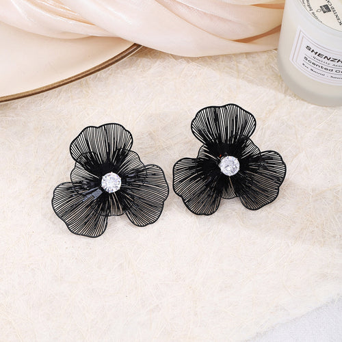 Elegant Hollow Black Flower Alloy Earrings With Rhinestone Center, Luxury Two-Way Floral Stud Earrings