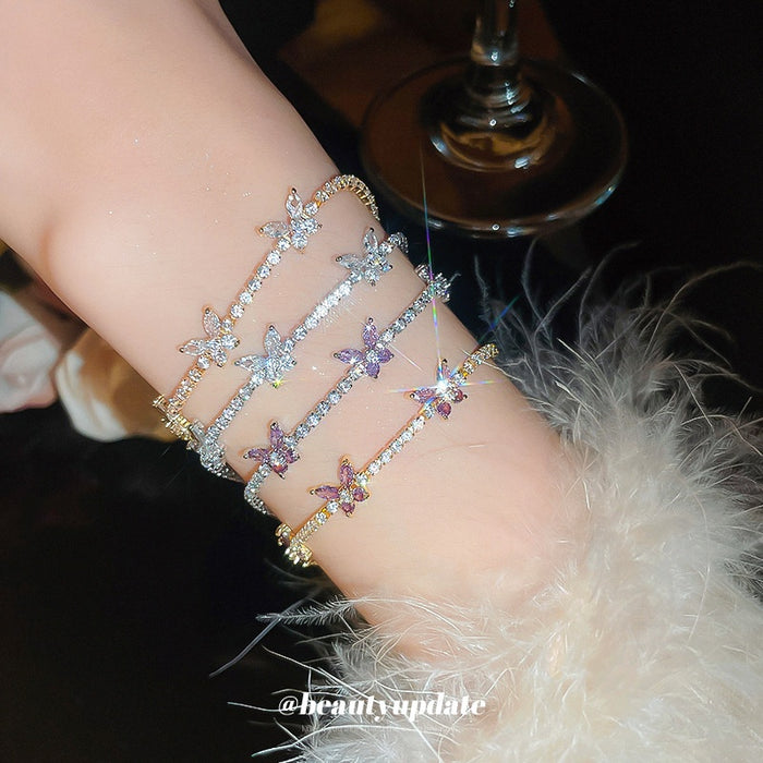 Sparkling Zircon Butterfly Flower Copper Plastic Bangle For Women Luxury Fashion Jewelry