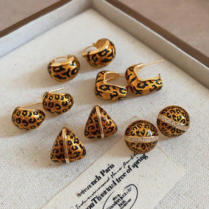 Gold Plated Alloy Teardrop Stud Earrings With Silver Pins, Leopard Print Maillard Retro Style