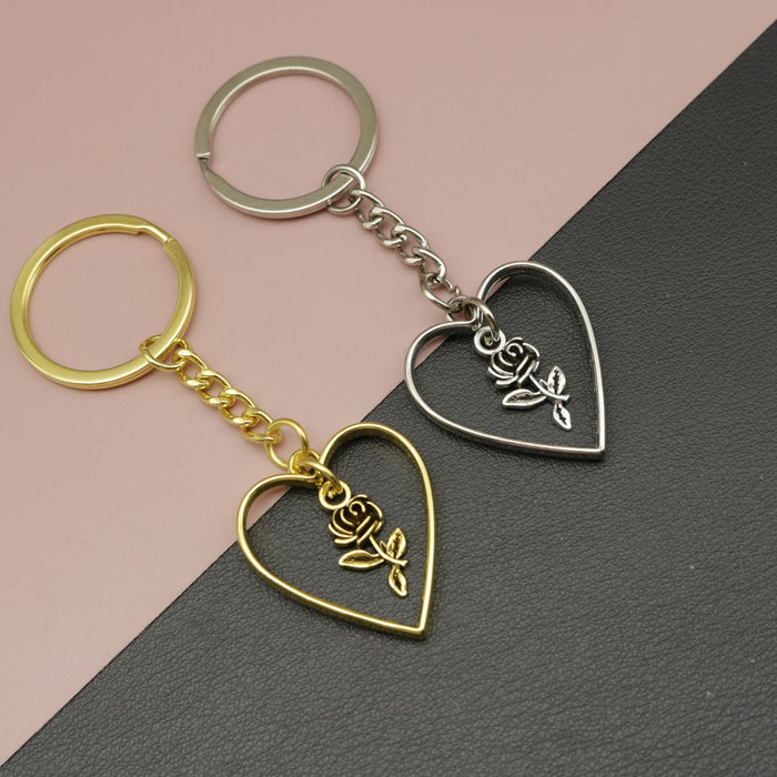 Metal Heart Rose Flower Keychain For Romantic Gift