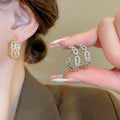 Gold Plated Copper C-Shaped Stud Earrings With Silver Posts, Zircon Chain Link Letter Style view 2