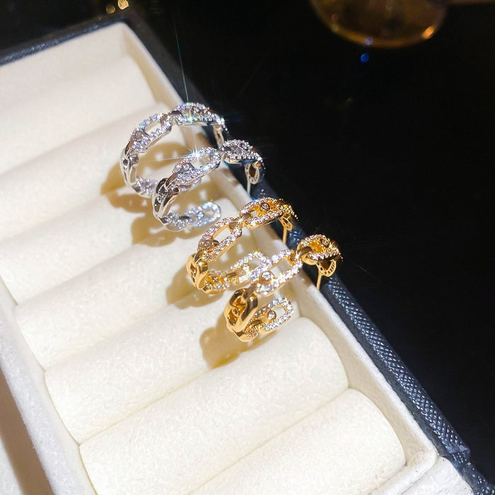 Gold Plated Copper C-Shaped Stud Earrings With Silver Posts, Zircon Chain Link Letter Style