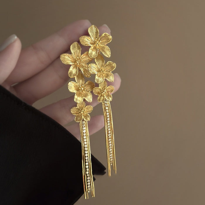 Alloy Floral Rhinestone Tassel Drop Earrings Chic Elegant Light Luxury Style