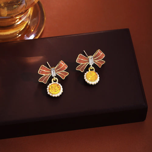 Vintage Luxury Enamel Bowknot Zircon Pearl Drop Studs Sweet Elegant Alloy Women Fashion Earrings