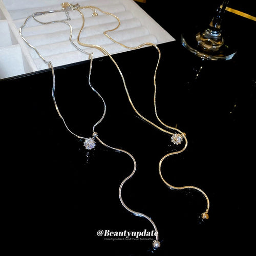 Gold Plated Copper Square Zircon Ball Adjustable Sweater Necklace Simple Geometric Style