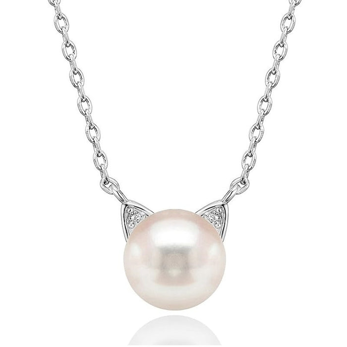 Cute Cat Ear Faux Pearl Necklace, Sweet Princess Style Playful Jewelry For Girls