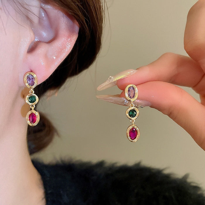 Light Luxury Oval Colorful Zircon Copper Drop Earrings With Silver Posts