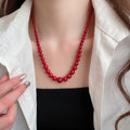 Red Faux Pearl Beaded Necklace And Bracelet Jewelry Set, Light Luxury Sweater Chain view 4