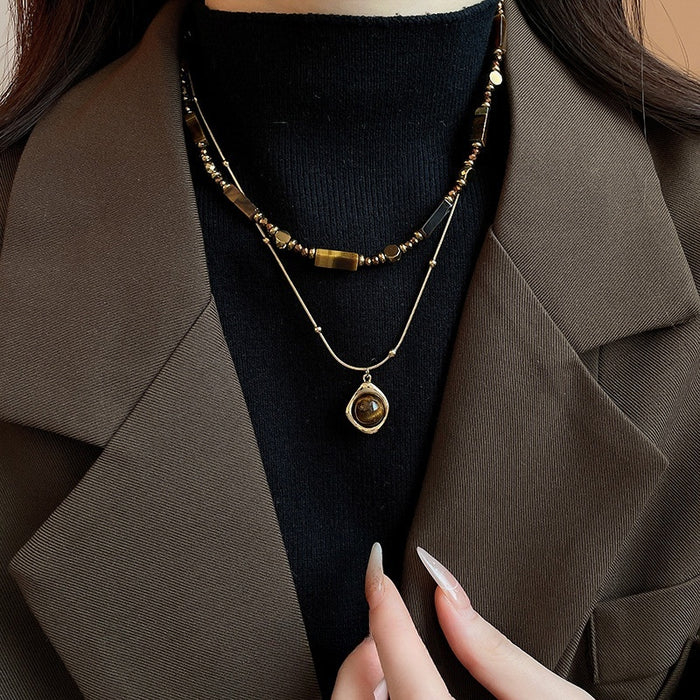 Gold Plated Tiger Eye Beaded Necklace, Light Luxury Geometric Round Square Choker