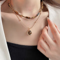 Gold Plated Tiger Eye Beaded Necklace, Light Luxury Geometric Round Square Choker view 3