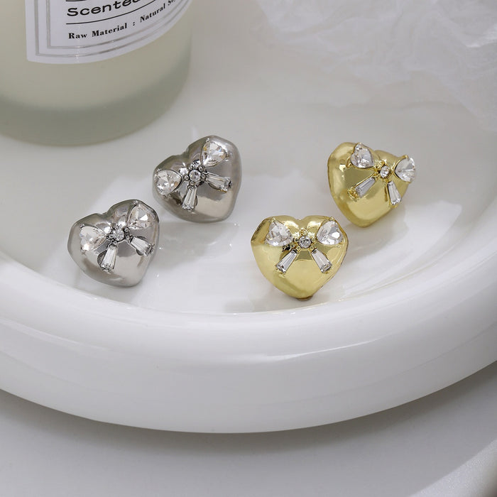 Luxury Rhinestone Bow Heart Alloy Stud Earrings For Women, Shiny Gold Silver Metal Fashion Earrings