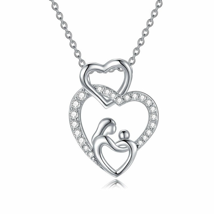 Mother Baby Hug Heart Pendant Necklace With Micro Pave Zircon, Meaningful Elegant Jewelry