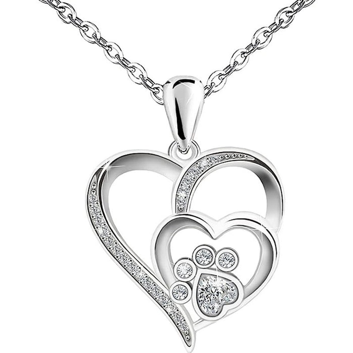 Sweet Cat Paw Heart Necklace With Double Heart Zircon Pendant, Trendy Cross Border Jewelry