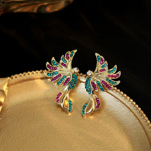 Ethnic Colorful Lucky Bird Stud Earrings For Women, Elegant Micro Inlaid Enamel Metal Jewelry