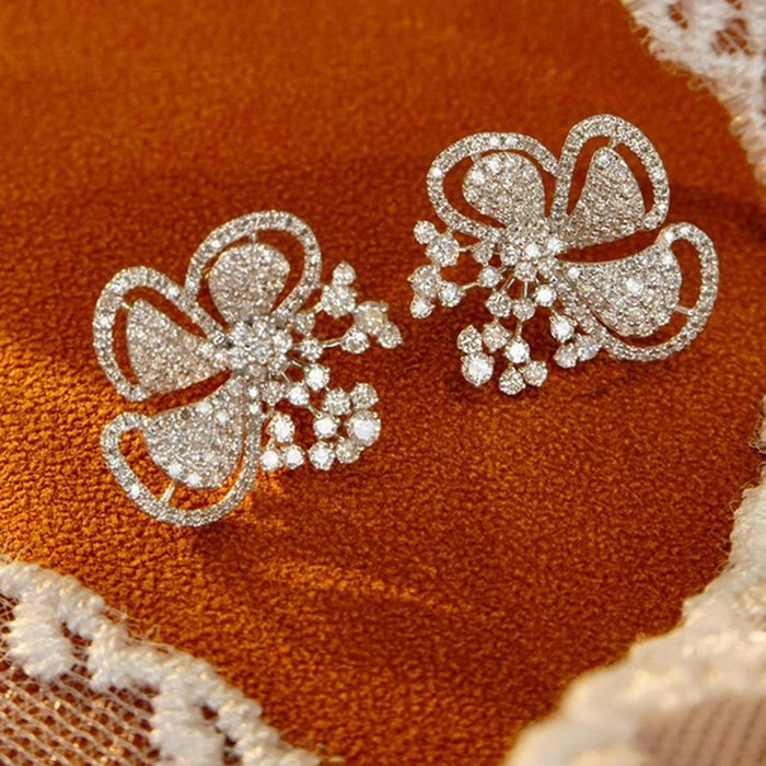 Floral Flower Stud Earrings For Women With Micro Paved Zircon, Pastoral Fashion Jewelry