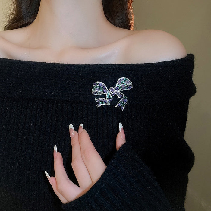 Sparkling Zircon Bow Brooch Copper French Light Luxury Fashion Clothing Accessory