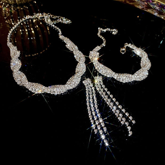 Statement Copper Rhinestone Geometric Line Necklace Jewelry Set For Women