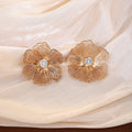 Elegant Multilayer Hollow Flower Petal Alloy Studs With Sparkling Zircon Center Luxury Two Tone Earrings view 2