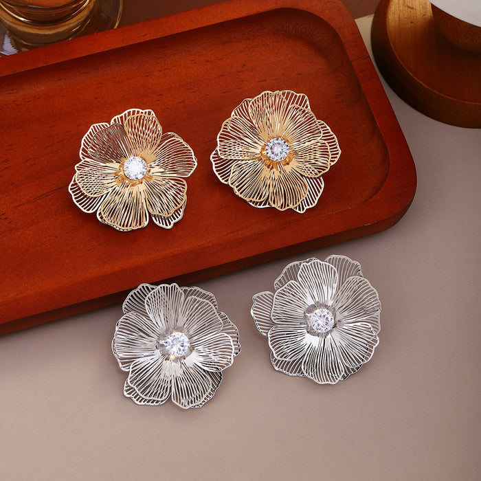 Elegant Multilayer Hollow Flower Petal Alloy Studs With Sparkling Zircon Center Luxury Two Tone Earrings