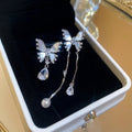 Light Luxury Butterfly Zircon Faux Pearl Asymmetric Stud Earrings With Mother Of Pearl Accents view 2