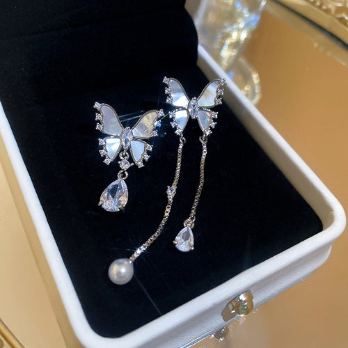 Light Luxury Butterfly Zircon Faux Pearl Asymmetric Stud Earrings With Mother Of Pearl Accents