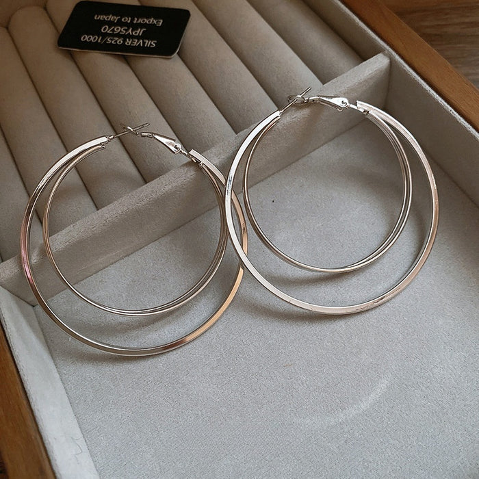 Double Layer Iron Round Hoop Earrings Minimalist Geometric Statement Light Luxury Style