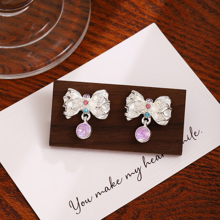 Elegant Korean Silver Alloy Liquid Bow Studs With Purple Crystal Drops And Rhinestone Accents Earrings