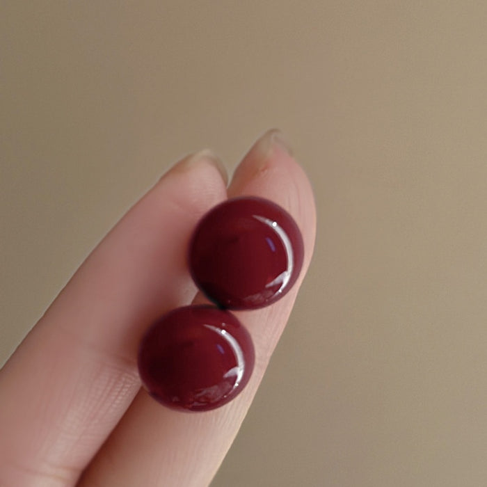 Light Luxury Vintage Red Faux Pearl Round Stud Earrings With Silver Pins For Women