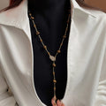 Maillard Style Tiger Eye Sweater Necklace With Zircon Leaf And Round Bead Pendant view 3