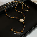 Maillard Style Tiger Eye Sweater Necklace With Zircon Leaf And Round Bead Pendant view 2