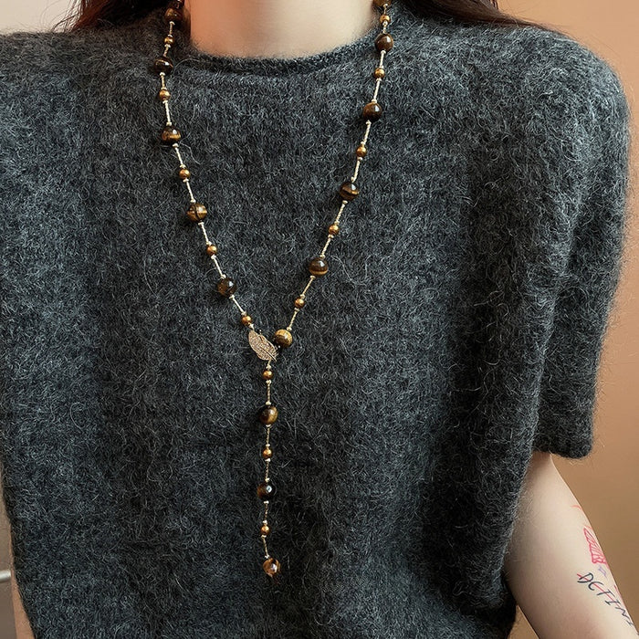Maillard Style Tiger Eye Sweater Necklace With Zircon Leaf And Round Bead Pendant